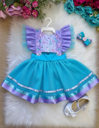 Vestido Romper Pequena Sereia Fundo Do Mar Lilas + Laço