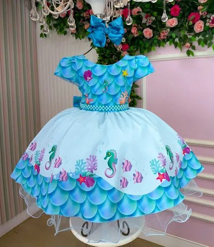 Vestido Tematicos Kids Fundo do Mar - Sereia Ariel Azul (VESTBNNCLBFNDDMRSRAZL)