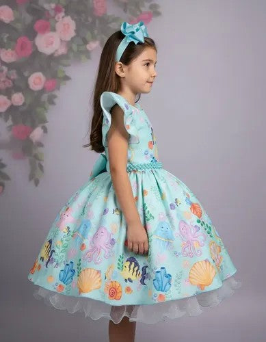 Vestido Tematicos Kids Fundo do Mar - Sereia Ariel Modelo 2 Tiffany (VESTBNNCLBFNDMARMD)