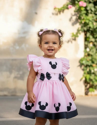 Romper Vestido Minnie Minie Rosa Claro Bebê Jardineira Minei