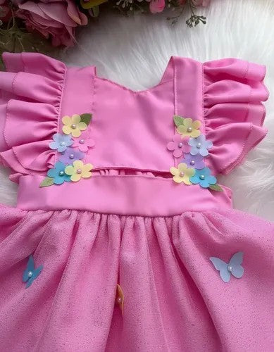 Romper Vestido Jardim Encantado Rosa Acompanha Asa Borboleta