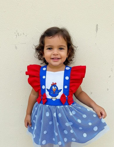 Romper Vestido Tematico Galinha Pintadinha Azul E Vermelho