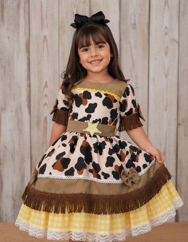 Vestido Tematicos Kids Doce Mimosa Marrom - Fazendinha - Vaquinha (VESTTMKDSDCMM)