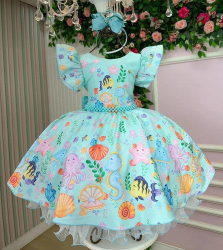 Vestido Tematicos Kids Fundo do Mar - Sereia Ariel Modelo 2 Tiffany (VESTBNNCLBFNDMARMD)