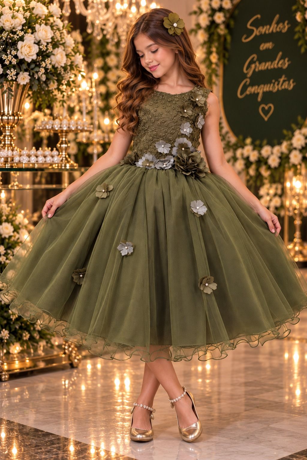 Vestido Infantil Jardim Encantado Verde Militar com Flores