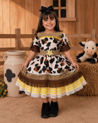 Vestido Tematicos Kids Doce Mimosa Marrom - Fazendinha - Vaquinha (VESTTMKDSDCMM)