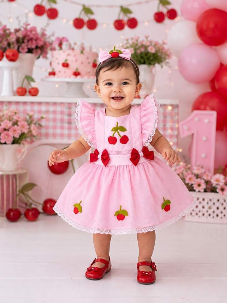 Romper Infantil Cerejinha Rosa – Aniversário e Mesversário