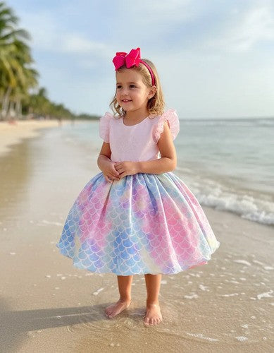 Vestido Ysa Kids Tematico Sereia - Fundo do Mar Rosa (VESTYAKDSTMTCSRAFNDMRRS)