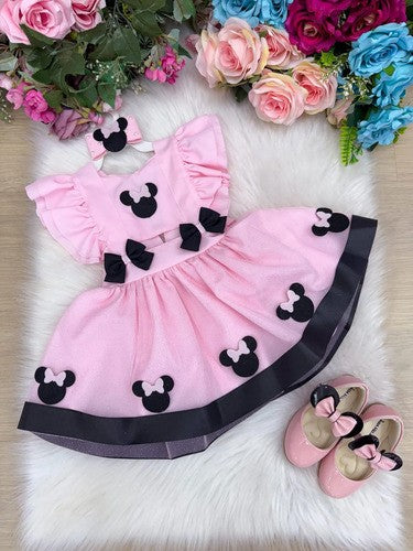 Romper Vestido Minnie Minie Rosa Claro Bebê Jardineira Minei