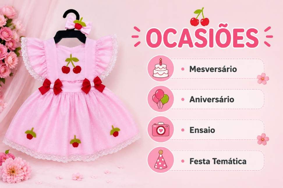 Romper Infantil Cerejinha Rosa – Aniversário e Mesversário