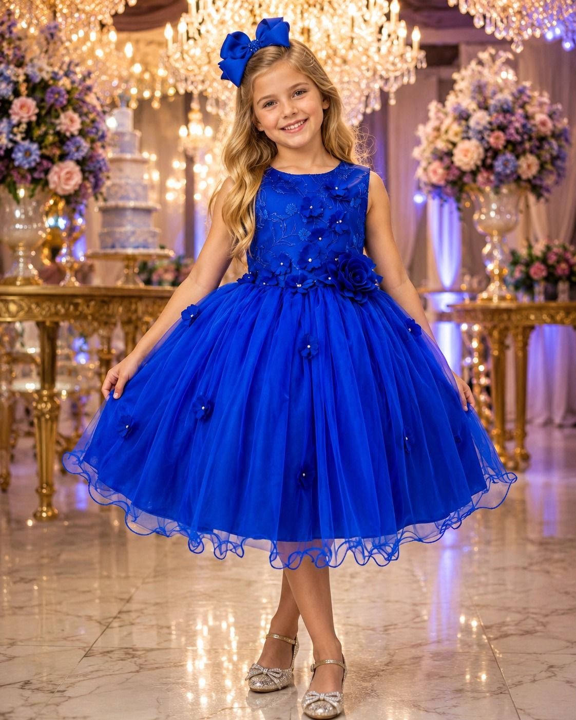 Vestido Infantil Jardim Encantado Azul Royal com Flores - Regata