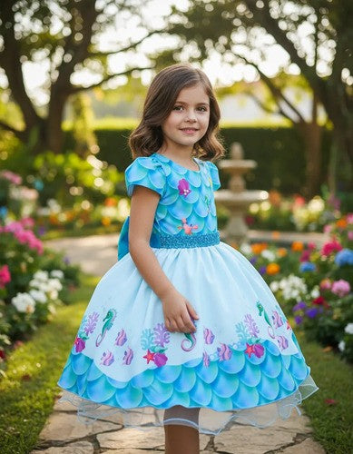 Vestido Tematicos Kids Fundo do Mar - Sereia Ariel Azul (VESTBNNCLBFNDDMRSRAZL)