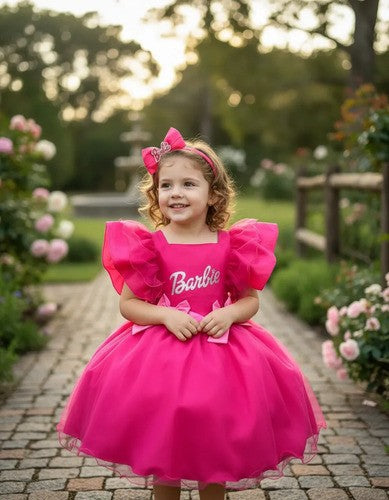 Vestido Princesa Belli Tematico Barbie Pink Babado (VESTPRNCBLLTMTCPINKBBD)