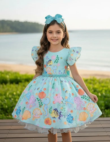 Vestido Tematicos Kids Fundo do Mar - Sereia Ariel Modelo 2 Tiffany (VESTBNNCLBFNDMARMD)