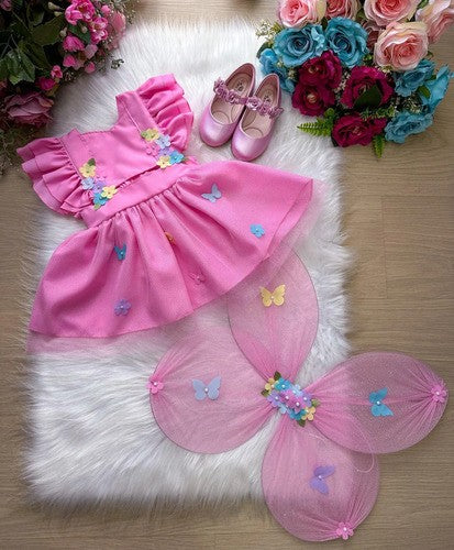 Romper Vestido Jardim Encantado Rosa Acompanha Asa Borboleta