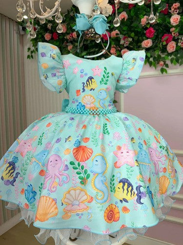 Vestido Tematicos Kids Fundo do Mar - Sereia Ariel Modelo 2 Tiffany (VESTBNNCLBFNDMARMD)