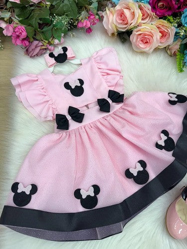 Romper Vestido Minnie Minie Rosa Claro Bebê Jardineira Minei