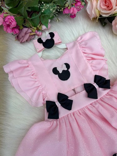 Romper Vestido Minnie Minie Rosa Claro Bebê Jardineira Minei