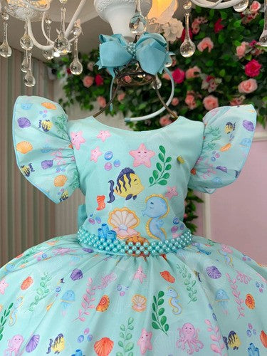 Vestido Tematicos Kids Fundo do Mar - Sereia Ariel Modelo 2 Tiffany (VESTBNNCLBFNDMARMD)