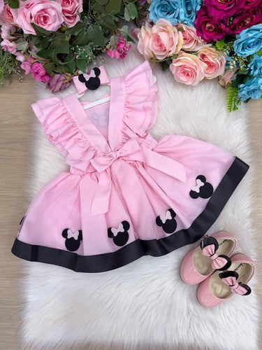 Romper Vestido Minnie Minie Rosa Claro Bebê Jardineira Minei