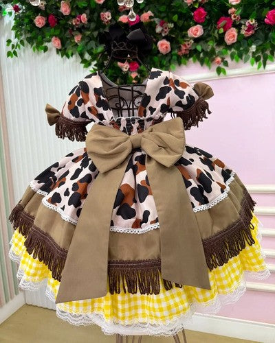 Vestido Tematicos Kids Doce Mimosa Marrom - Fazendinha - Vaquinha (VESTTMKDSDCMM)