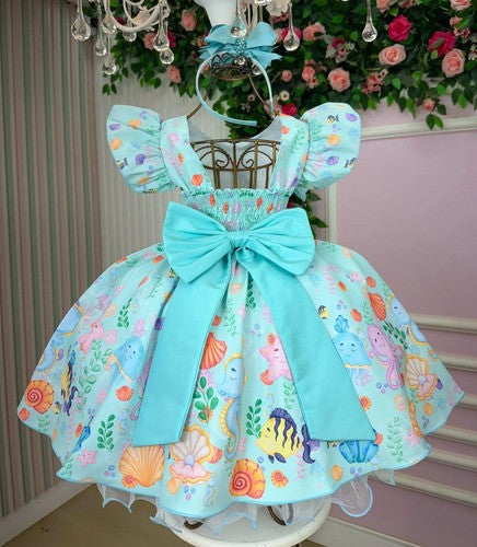 Vestido Tematicos Kids Fundo do Mar - Sereia Ariel Modelo 2 Tiffany (VESTBNNCLBFNDMARMD)