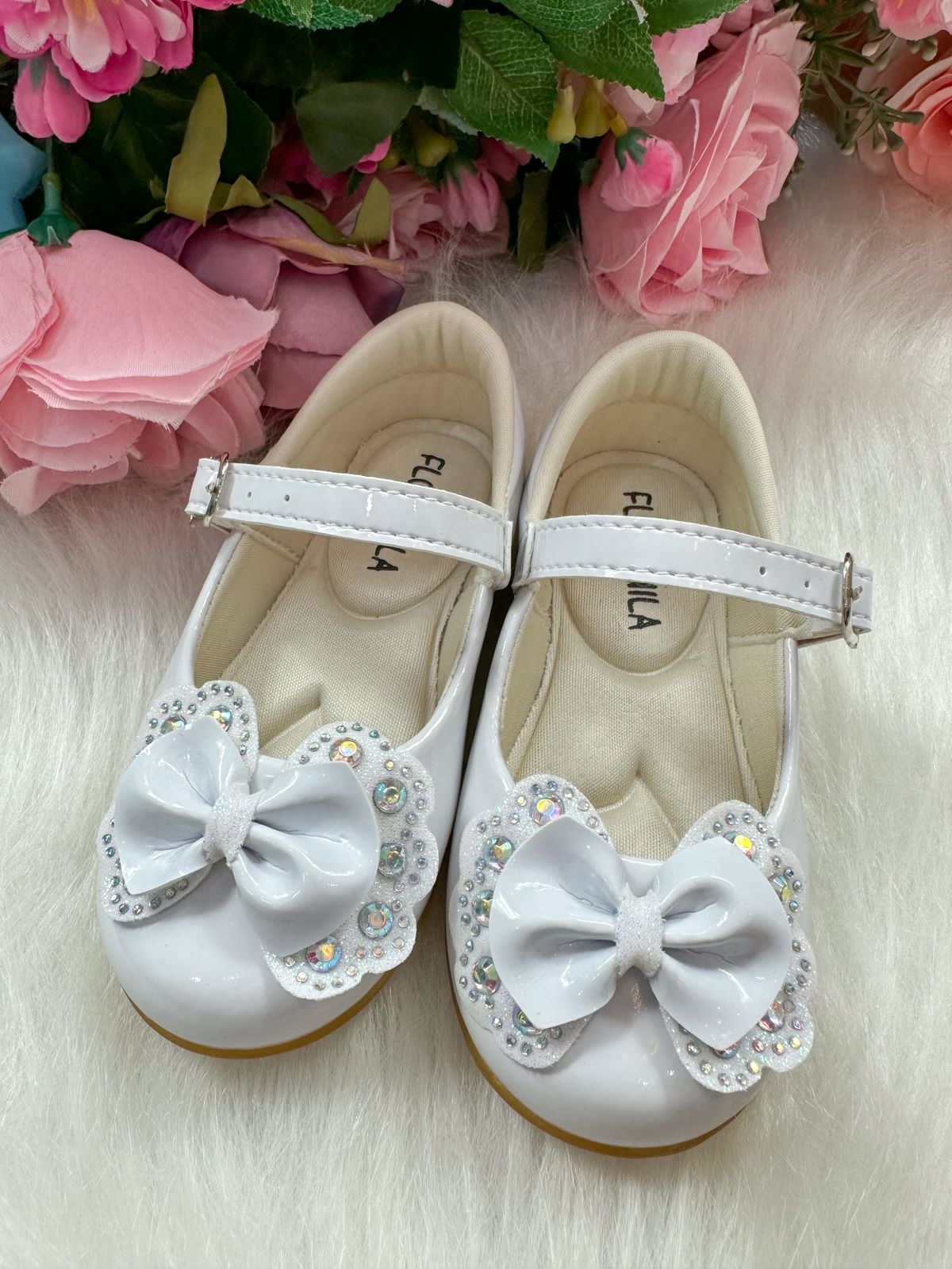 Sapatilha Flor Di MIla Baby Branco lacinho Strass (SPFDMBYBRANLSTSS)
