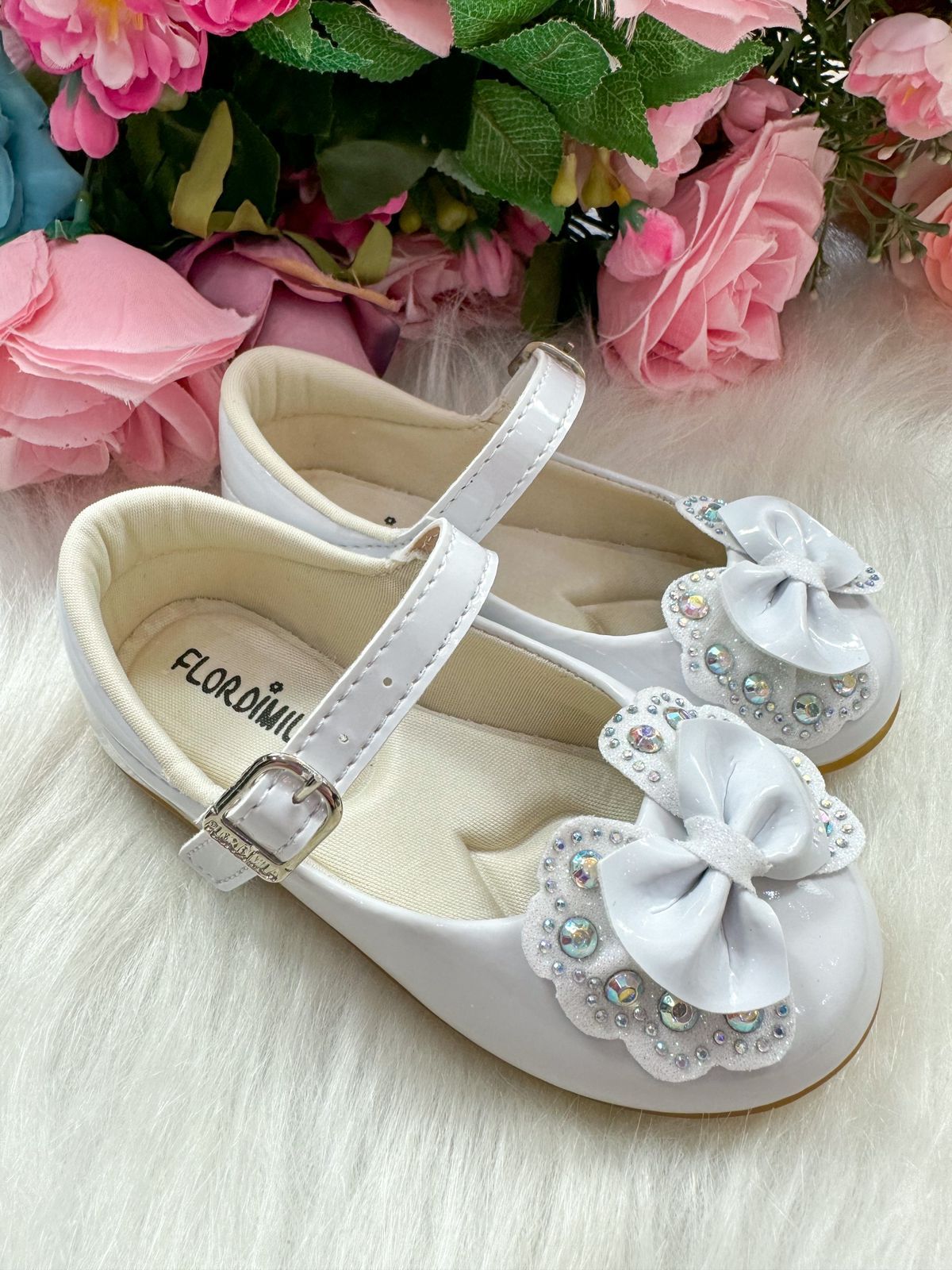 Sapatilha Flor Di MIla Baby Branco lacinho Strass (SPFDMBYBRANLSTSS)