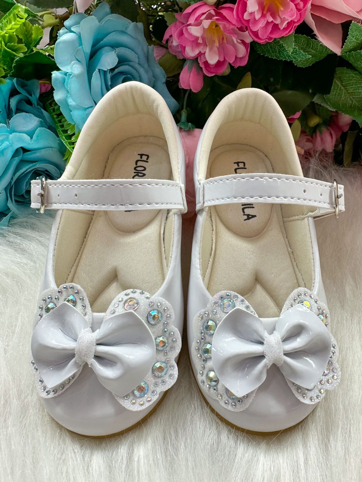 Sapatilha Flor Di MIla Baby Branco lacinho Strass (SPFDMBYBRANLSTSS)