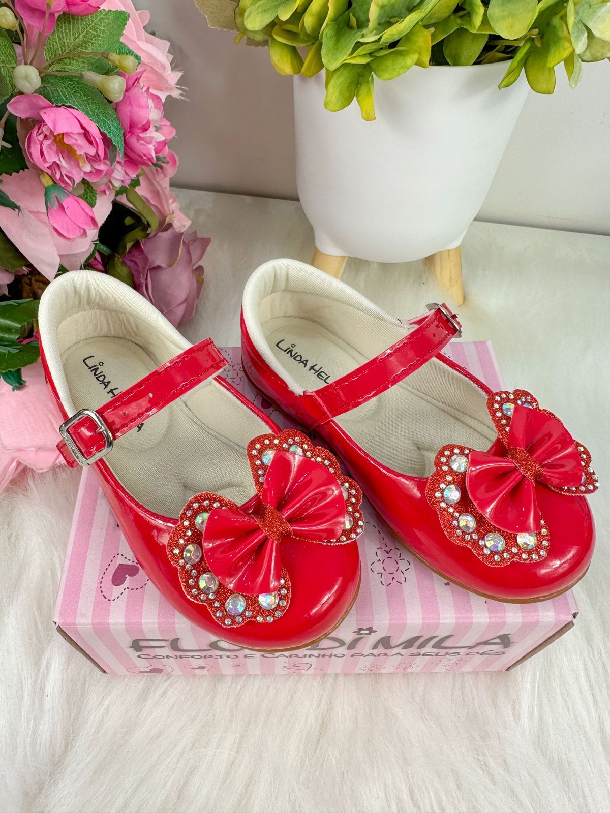 Sapatilha Flor Di MIla Baby Vermelho Lacinho Strass (SPTLFLRDMLBBVRMLLCSTRS)