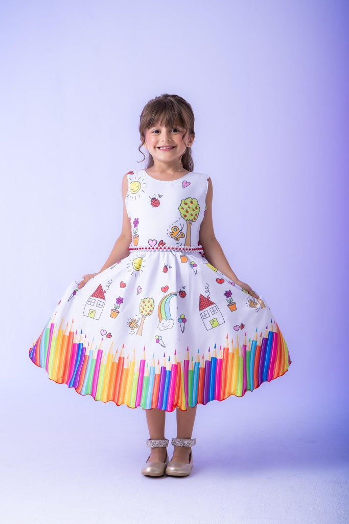 Vestido Marie Lapis Aquarela ABC Branco e Vermelho (VESTMRLPAQABCBRNVRM)