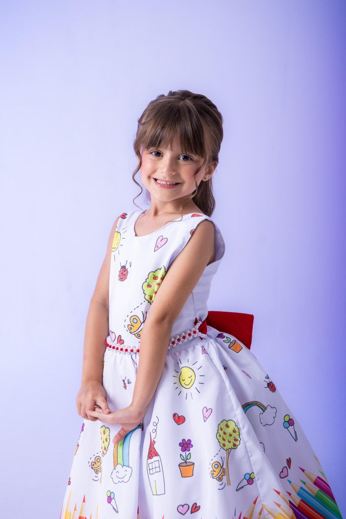 Vestido Marie Lapis Aquarela ABC Branco e Vermelho (VESTMRLPAQABCBRNVRM)