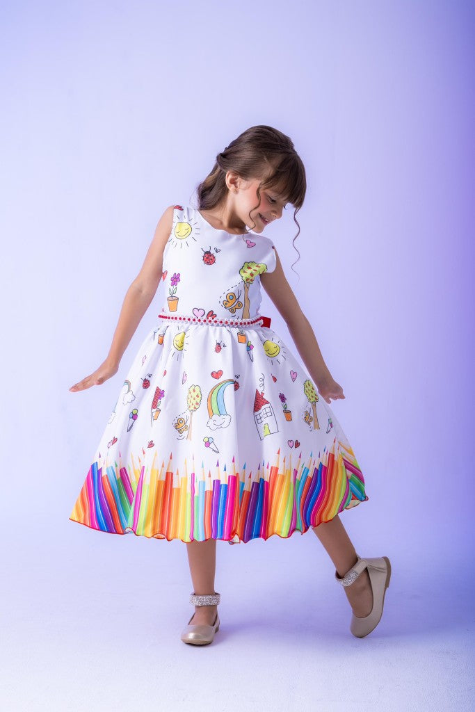 Vestido Marie Lapis Aquarela ABC Branco e Vermelho (VESTMRLPAQABCBRNVRM)