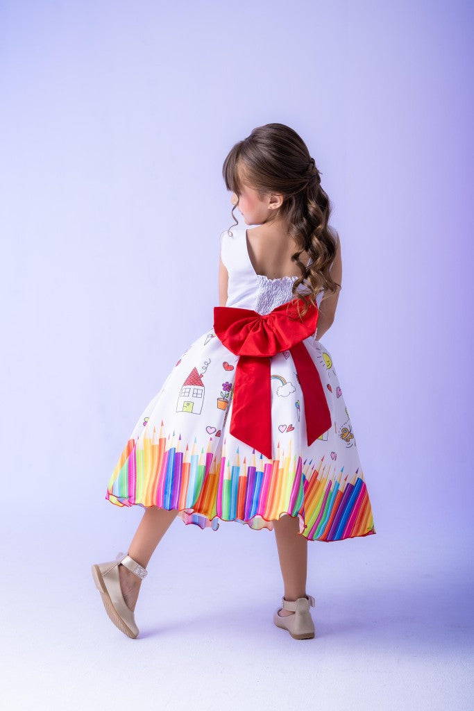 Vestido Marie Lapis Aquarela ABC Branco e Vermelho (VESTMRLPAQABCBRNVRM)