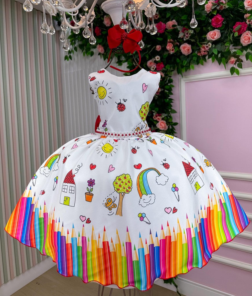 Vestido Marie Lapis Aquarela ABC Branco e Vermelho (VESTMRLPAQABCBRNVRM)