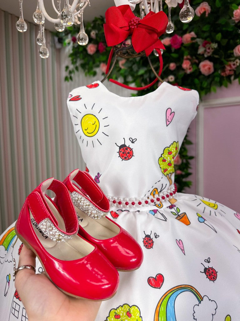 Vestido Marie Lapis Aquarela ABC Branco e Vermelho (VESTMRLPAQABCBRNVRM)