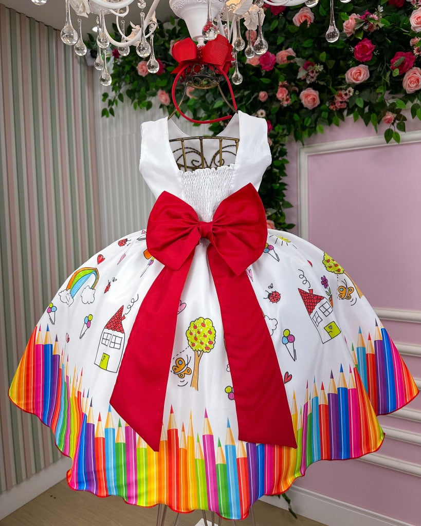 Vestido Marie Lapis Aquarela ABC Branco e Vermelho (VESTMRLPAQABCBRNVRM)
