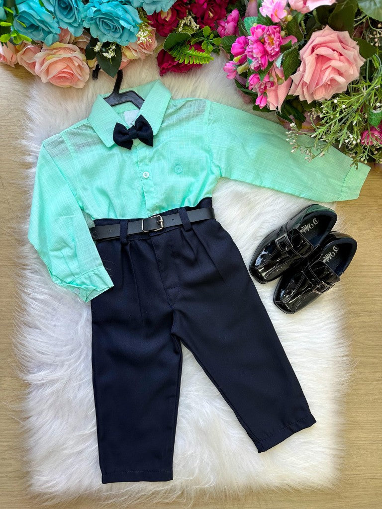 Conjunto Masculino Miss Cherry Social Verde Linho Com Calça Preta Henrique (CNJMMCSVLCCAMH)