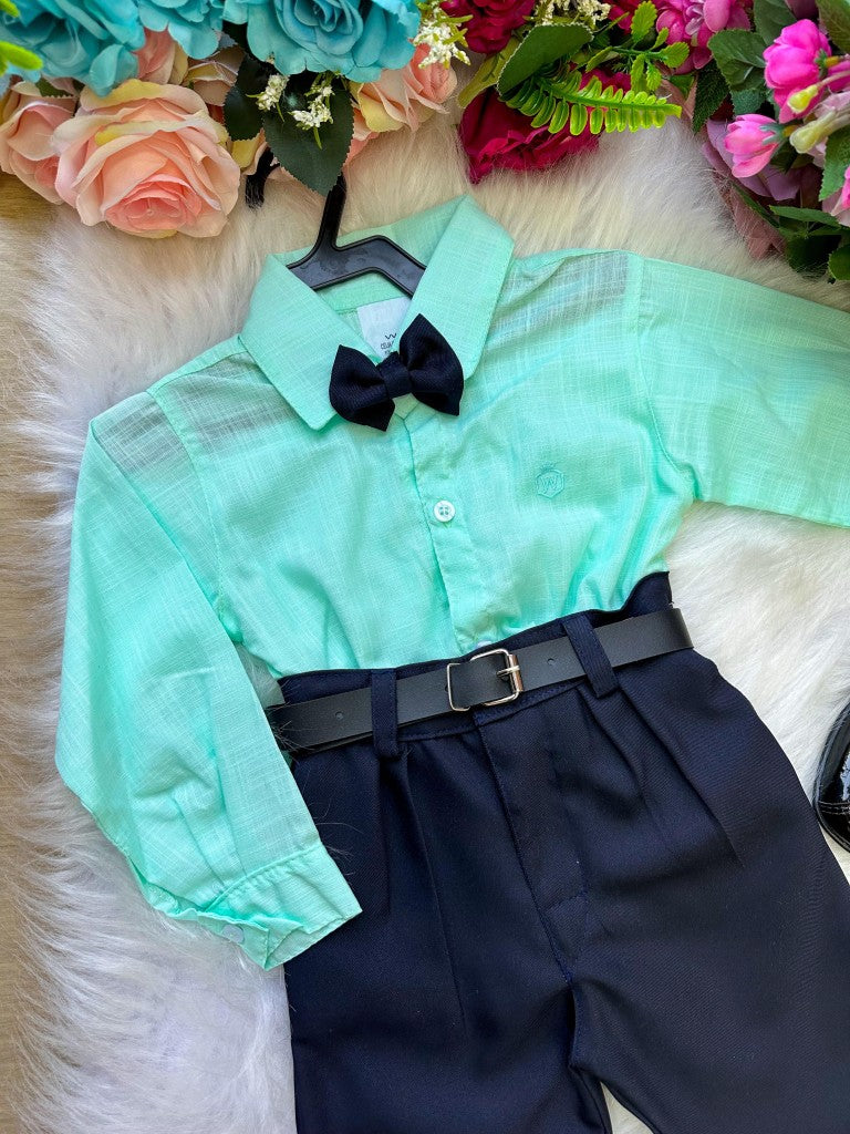 Conjunto Masculino Miss Cherry Social Verde Linho Com Calça Preta Henrique (CNJMMCSVLCCAMH)