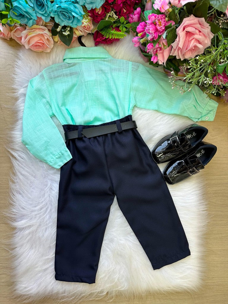 Conjunto Masculino Miss Cherry Social Verde Linho Com Calça Preta Henrique (CNJMMCSVLCCAMH)