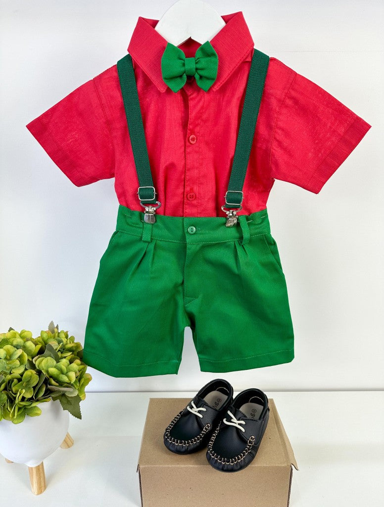 Conjunto Miss Cherry Henry Camisa Vermelha Suspensorio Verde (CONJMSCHRRVRMSUSPVRD)