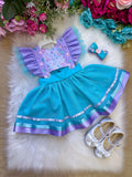 Romper/Vestido Princesa Sereia - Fundo do Mar Lilas e Tiffany (RMPERSRIAFNMAR)
