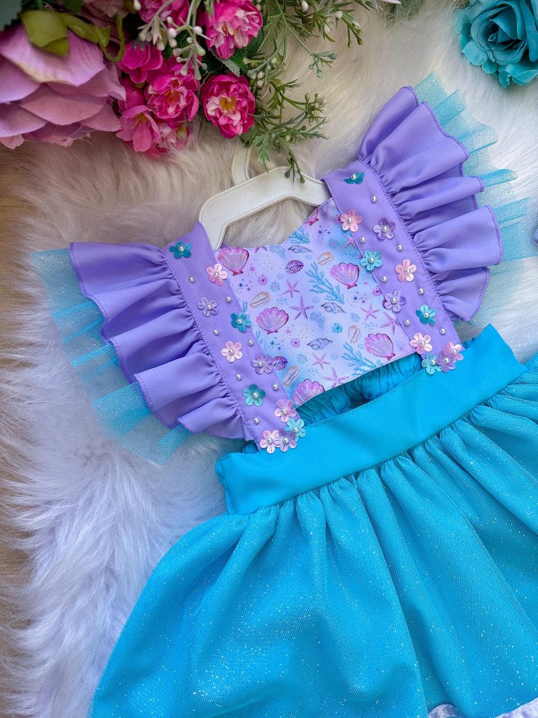 Romper/Vestido Princesa Sereia - Fundo do Mar Lilas e Tiffany (RMPERSRIAFNMAR)