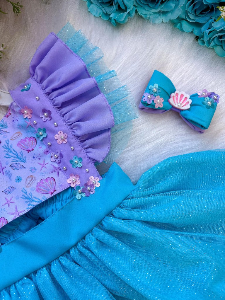 Romper/Vestido Princesa Sereia - Fundo do Mar Lilas e Tiffany (RMPERSRIAFNMAR)