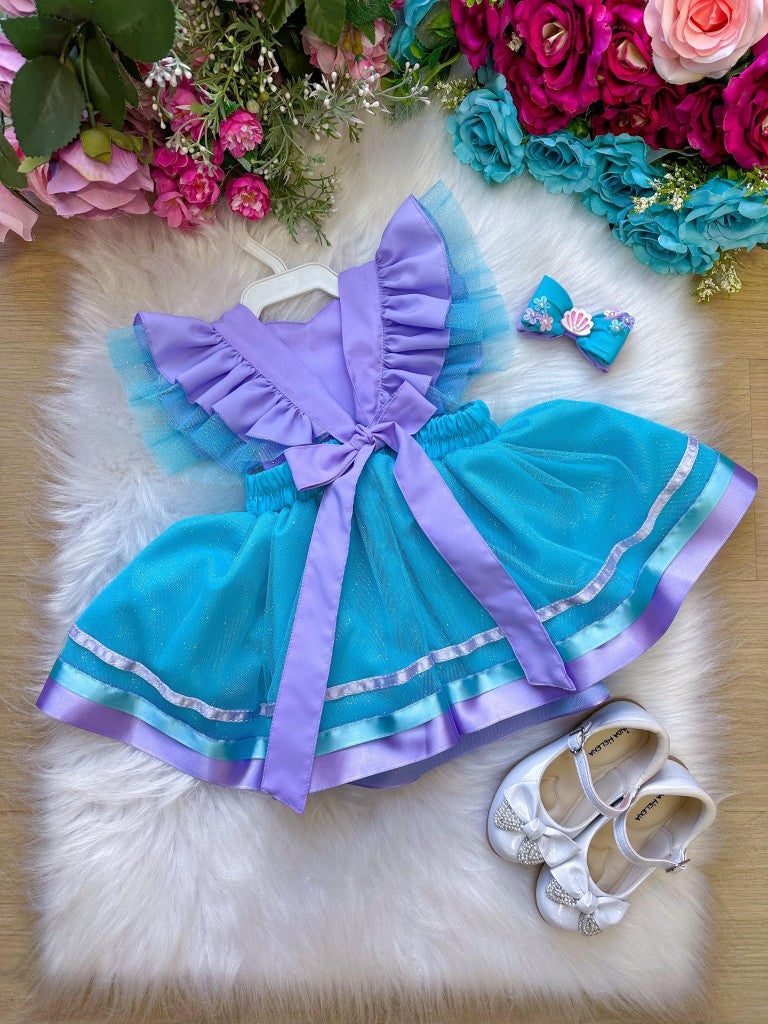 Romper/Vestido Princesa Sereia - Fundo do Mar Lilas e Tiffany (RMPERSRIAFNMAR)