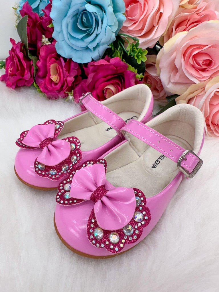Sapatilha Flor Di MIla Baby Rosa Chiclete Com Pink Lacinho Strass (SPTLFLRDMLBBRSCCPNLSTRS)