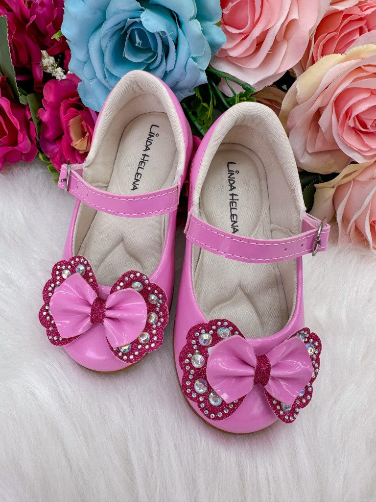 Sapatilha Flor Di MIla Baby Rosa Chiclete Com Pink Lacinho Strass (SPTLFLRDMLBBRSCCPNLSTRS)