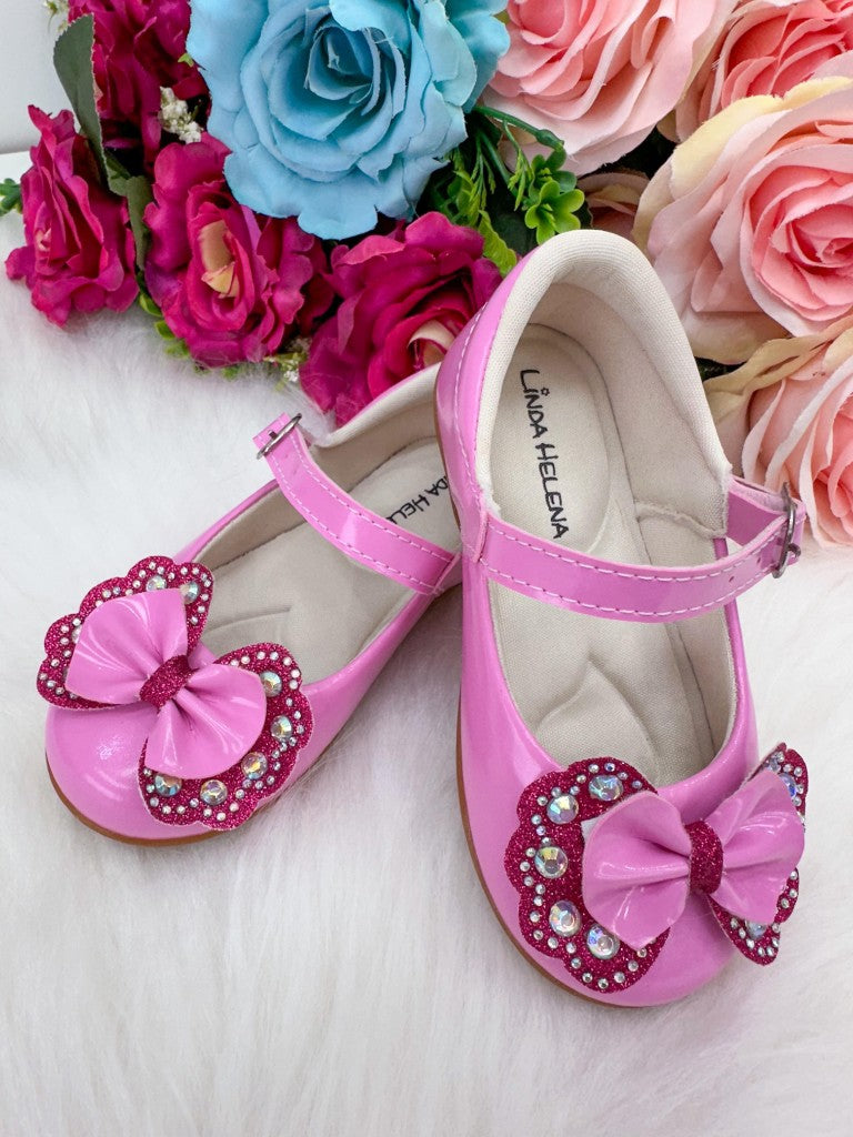 Sapatilha Flor Di MIla Baby Rosa Chiclete Com Pink Lacinho Strass (SPTLFLRDMLBBRSCCPNLSTRS)