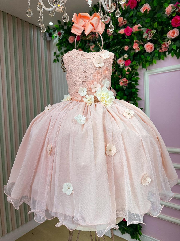 Vestido Infantil Jardim Encantado Flores Pêssego