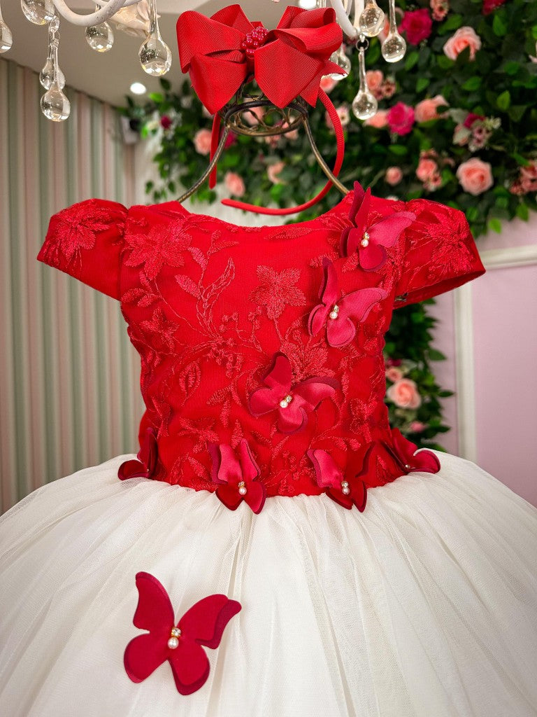 Vestido Infantil Juvenil Midi Vila Lele Sabrina Vermelho e Off - Festa